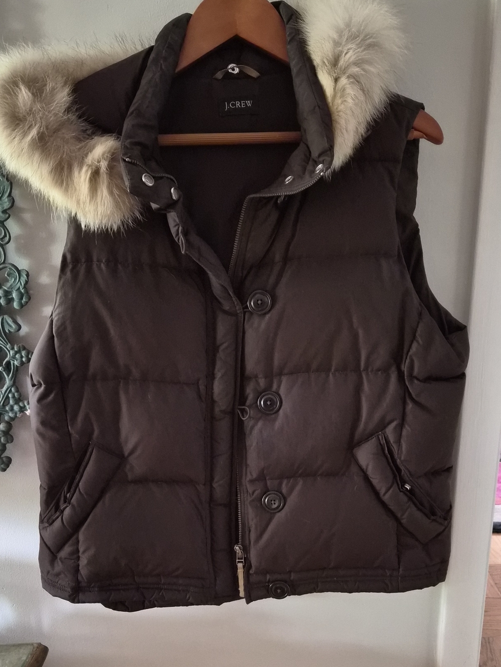 J. Crew Dark Brown Quilted Puffer Vest with Faux Fur Trim